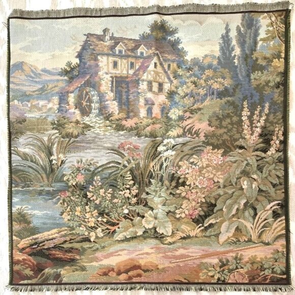 Vintage Italian Tapestry With Medieval Watermill Italian Countryside 19" x 19" - Picture 1 of 8